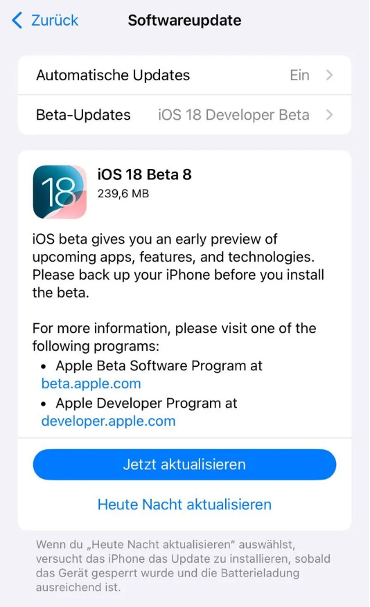 汇川苹果手机维修分享苹果 iOS / iPadOS 18 开发者预览版 Beta 8 发布 